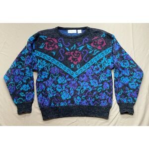Vintage I.C. Winters sweater Blue Floral knit women's Large Granny Core